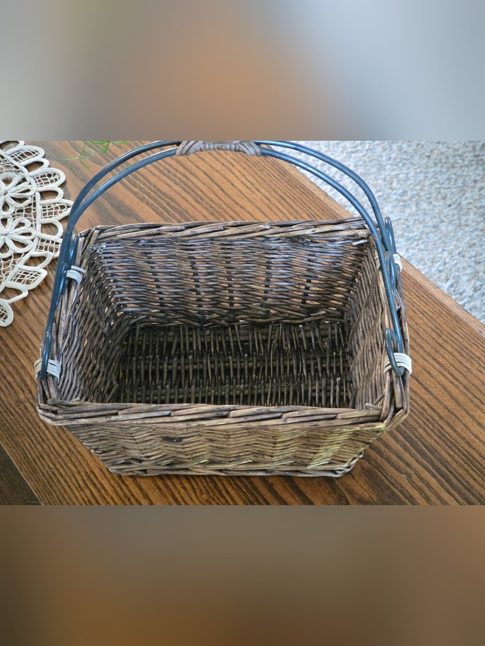 Rustic Brown Wicker 10 1/2" High Rectangular Basket with Dark Metal Handle